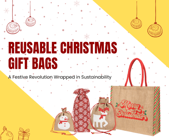 Reusable Christmas gift bags with festive eco-friendly designs
