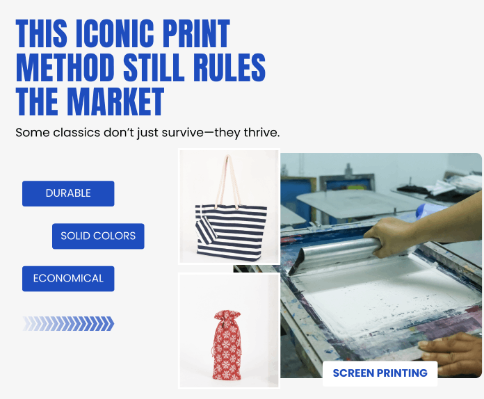 Screen printing and silk printing print method used on fabric bags for long-lasting branding